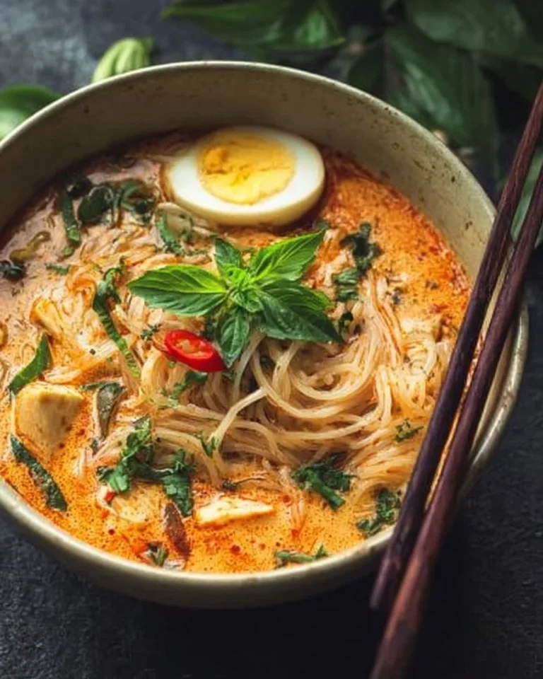 A bowl of Thai red curry noodle soup with fresh herbs and spices
