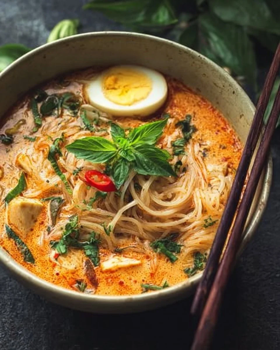 A bowl of Thai red curry noodle soup with fresh herbs and spices