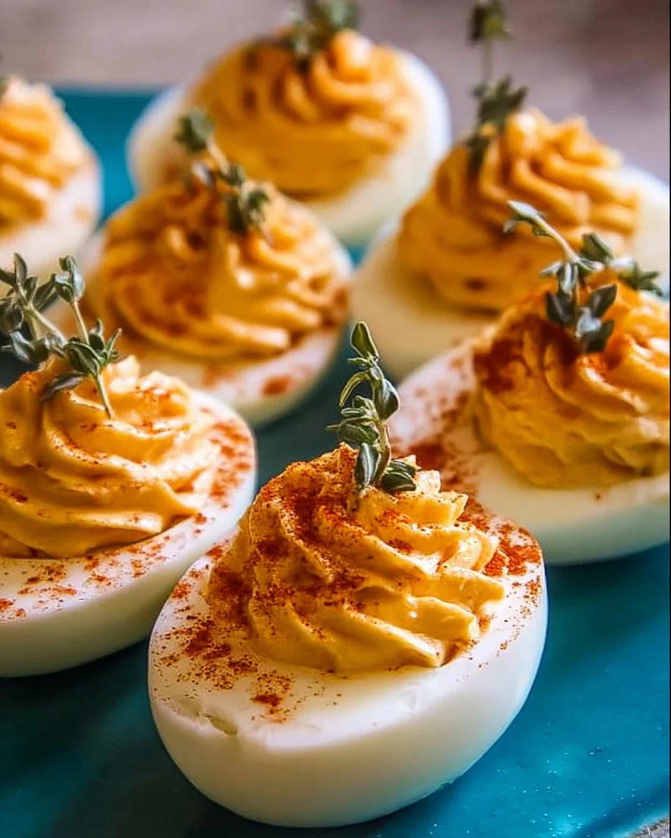 A platter of Thanksgiving deviled eggs garnished with herbs
