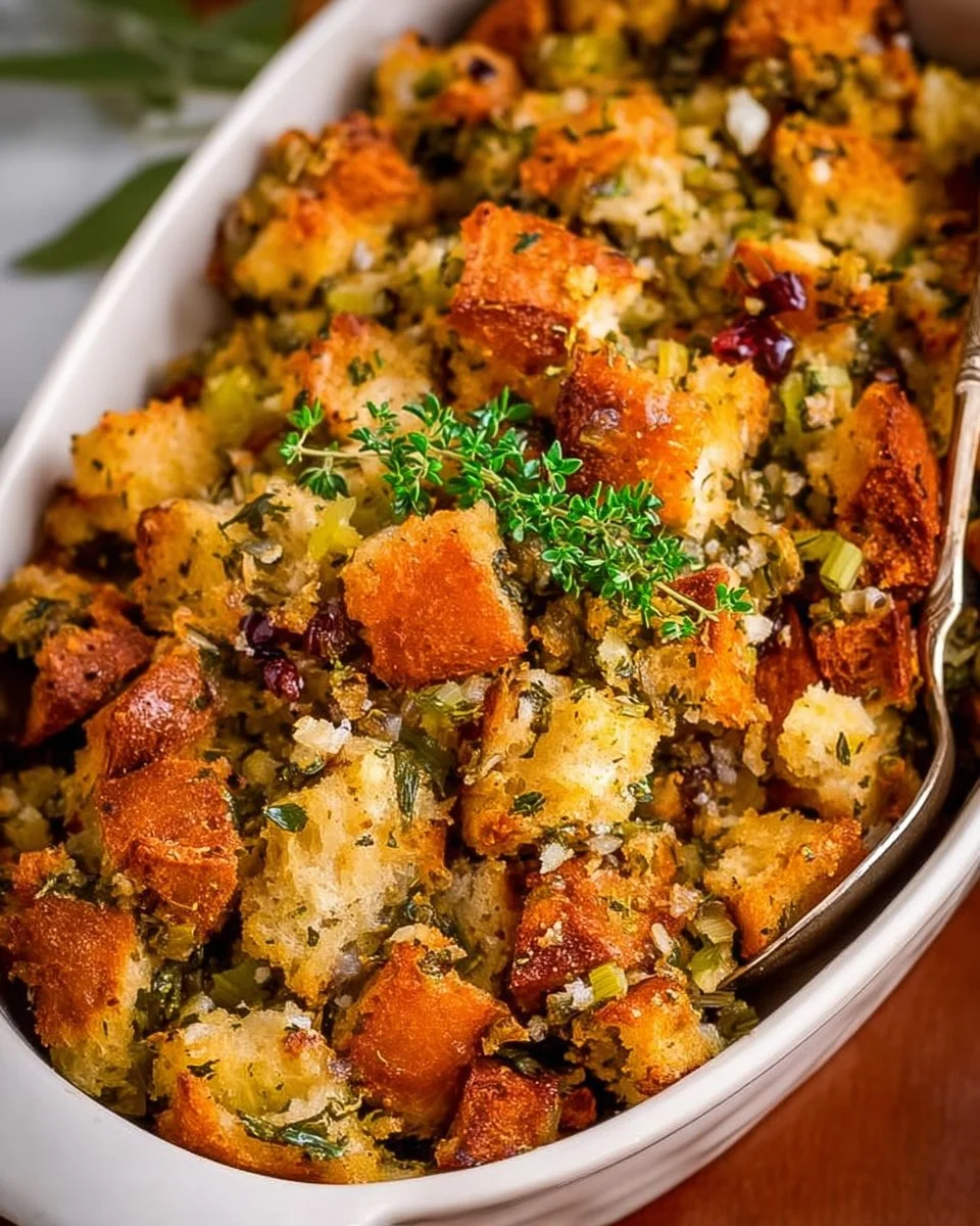 Delicious Thanksgiving stuffing served in a bowl, ready for the holiday feast.