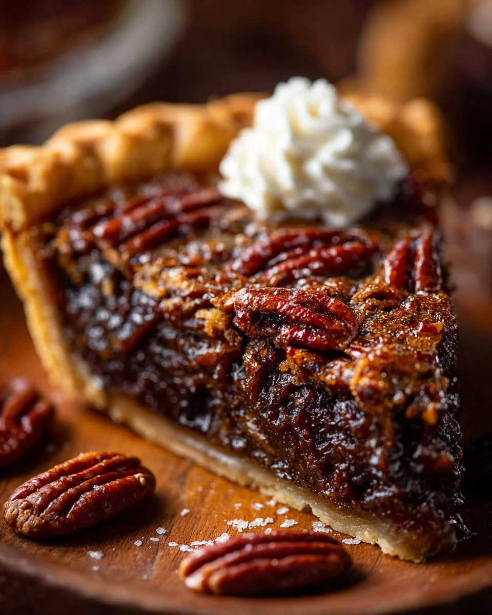A delicious bourbon chocolate pecan pie with a golden crust and rich filling.