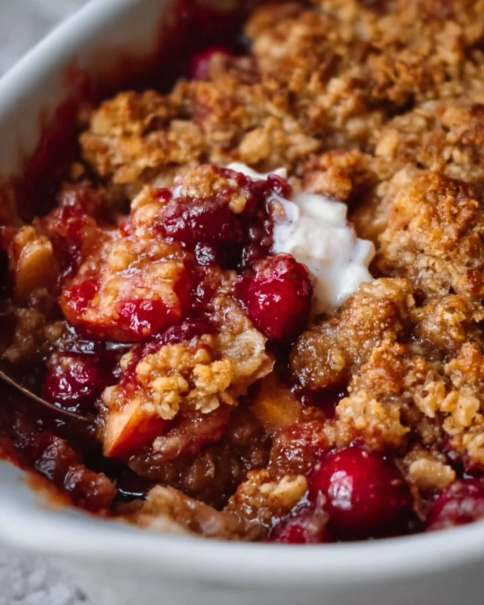 Delicious cranberry apple crisp with a golden topping and fresh fruit.