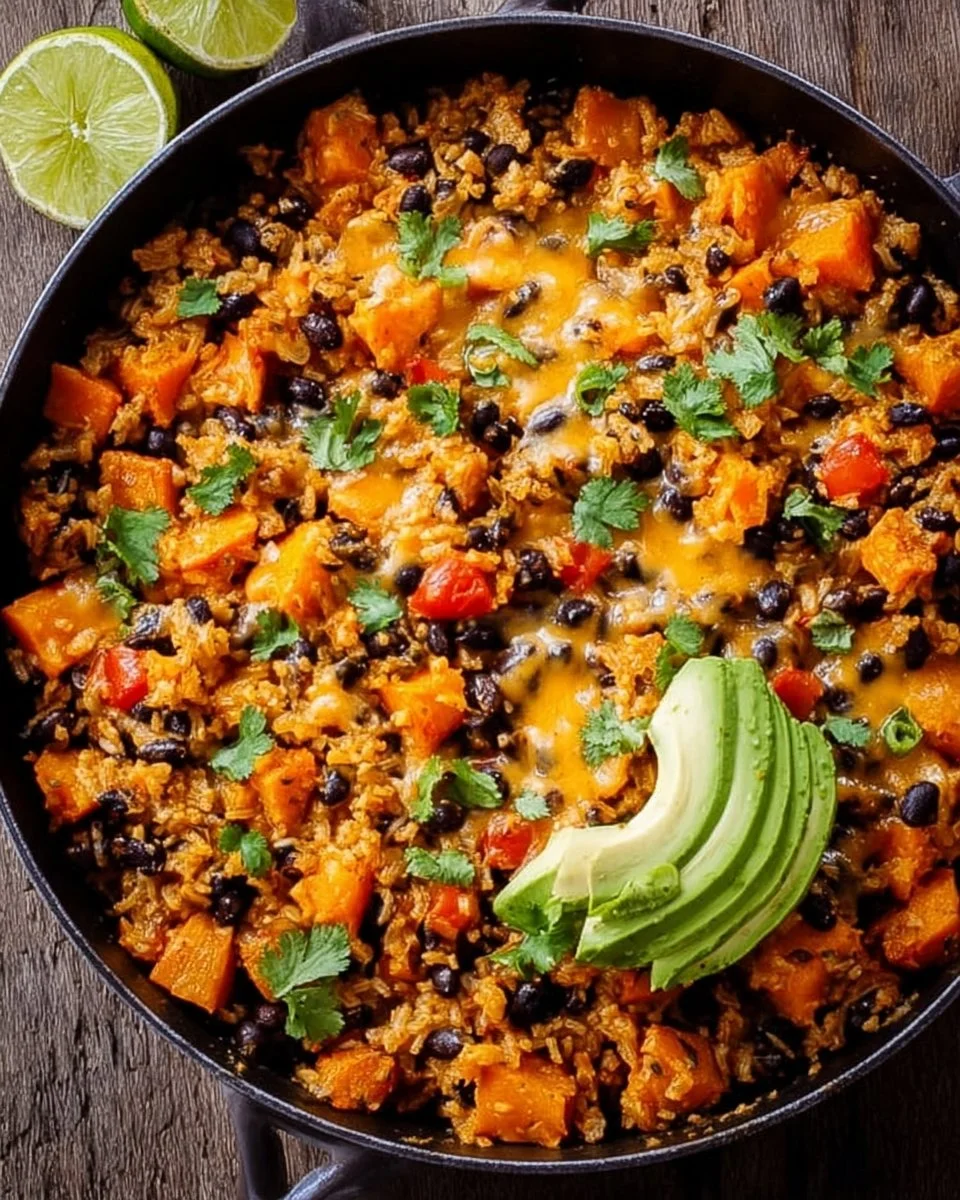 Southwest Sweet Potato, Black Bean and Rice Skillet in a one pan meal
