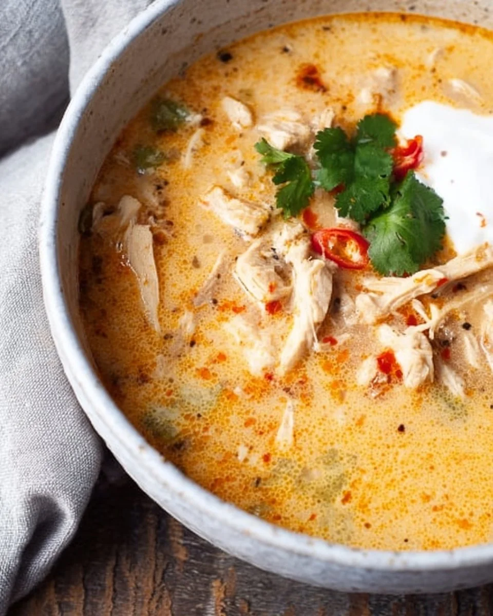 Bowl of creamy Keto White Chicken Chili topped with fresh cilantro and lime.