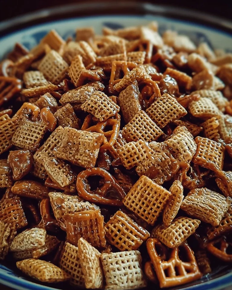 A bowl of delicious homemade Toffee Chex Mix featuring cereal, nuts, and toffee coating.