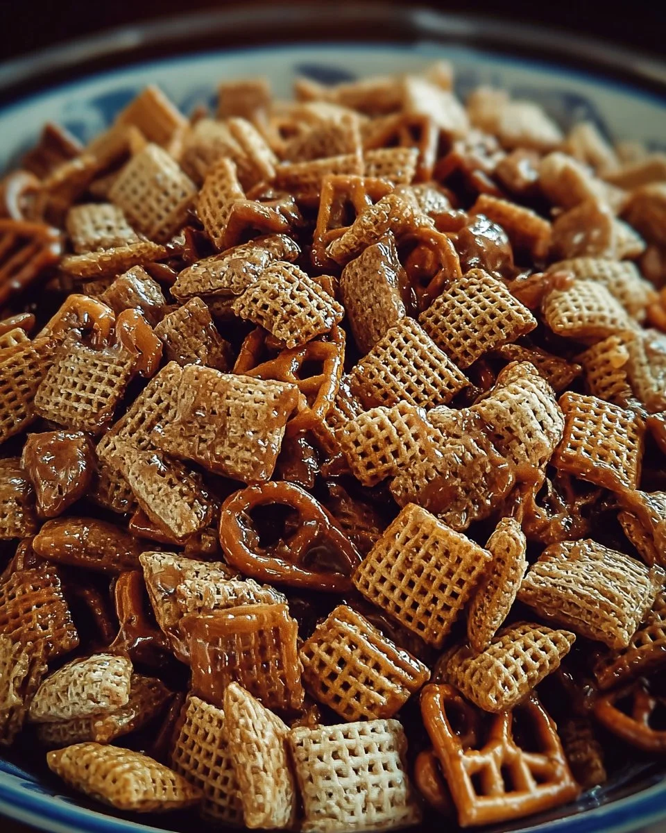 A bowl of delicious homemade Toffee Chex Mix featuring cereal, nuts, and toffee coating.