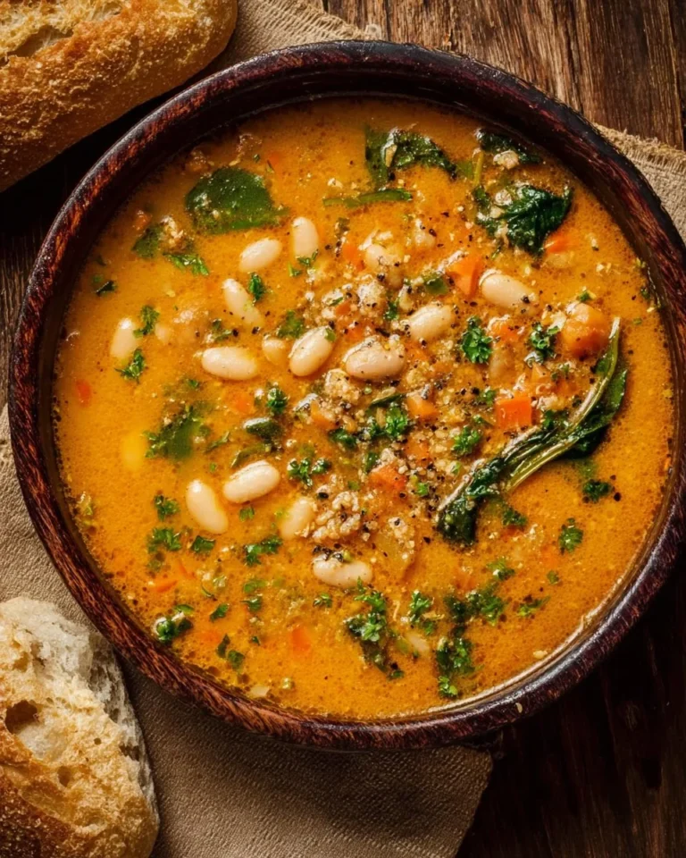 Bowl of delicious Tuscan White Bean Soup garnished with herbs and served warm