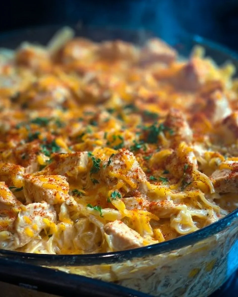 Ultimate Chicken Casserole dish baked with vegetables and cheese