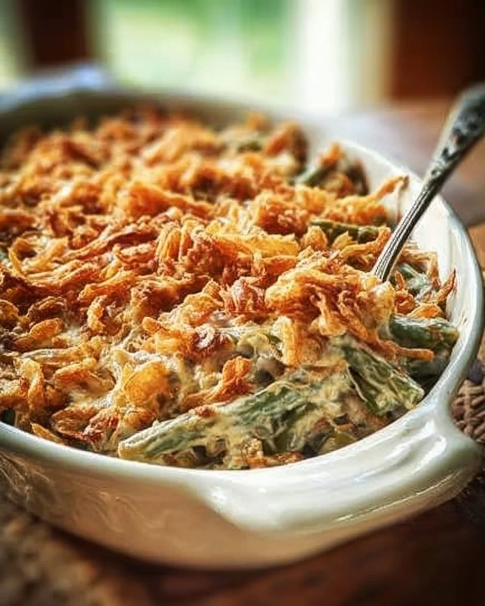 Delicious ultimate green bean casserole with crispy toppings in a baking dish