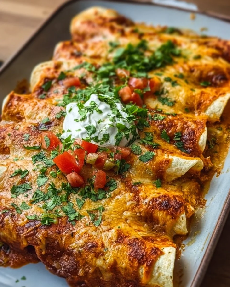 Delicious quick and easy chicken enchiladas topped with cheese and fresh cilantro