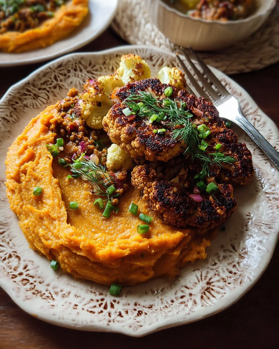 Vegan Cauliflower Steak served with mashed sweet potatoes on a plate