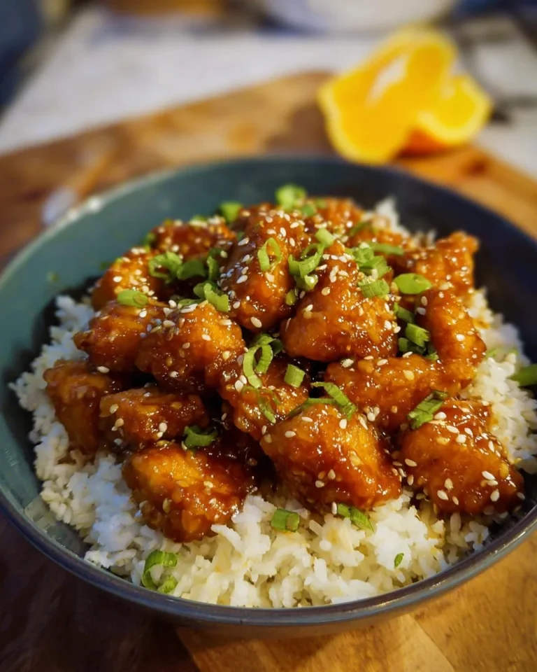 Delicious vegan orange chicken made with tofu served in a bowl