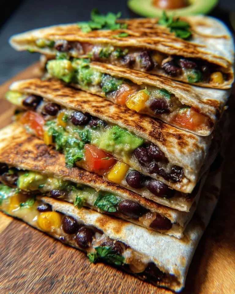 Vegan quesadillas filled with black beans and avocado on a plate