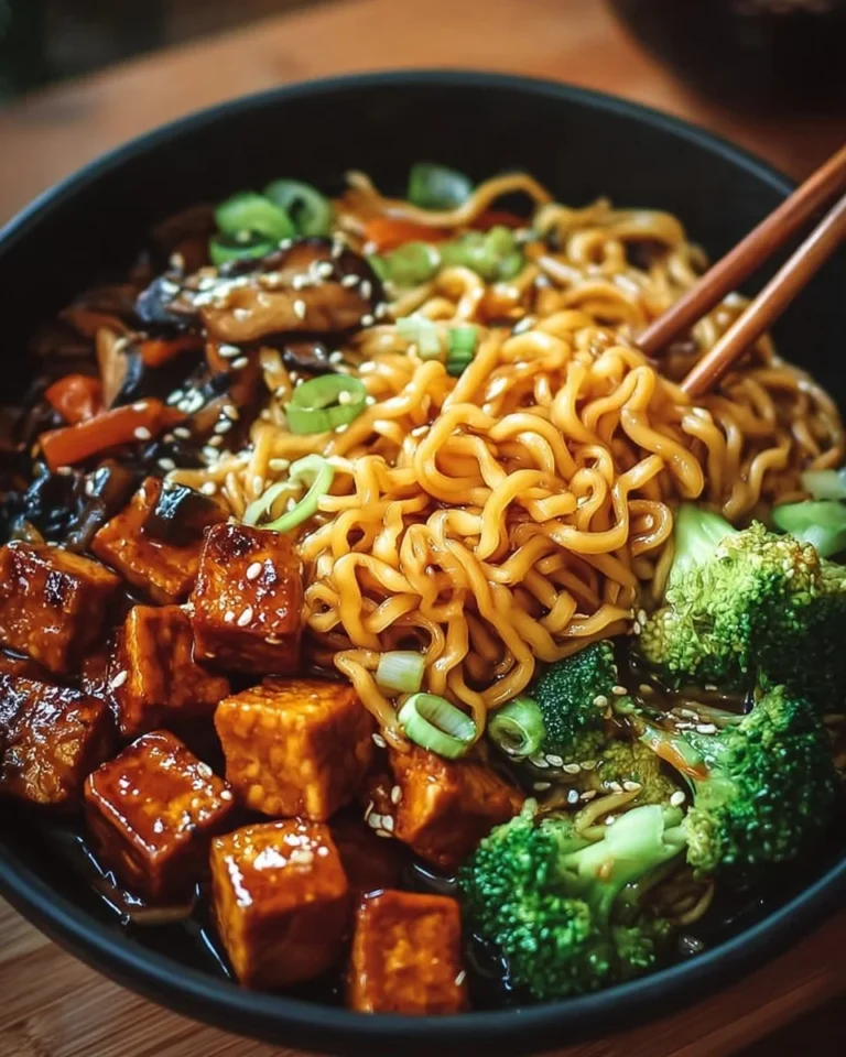 Vegan Teriyaki Noodle Bowl with colorful vegetables and noodles on a plate
