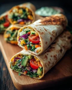 Colorful vegan veggie wraps filled with fresh vegetables and wrapped in a tortilla.