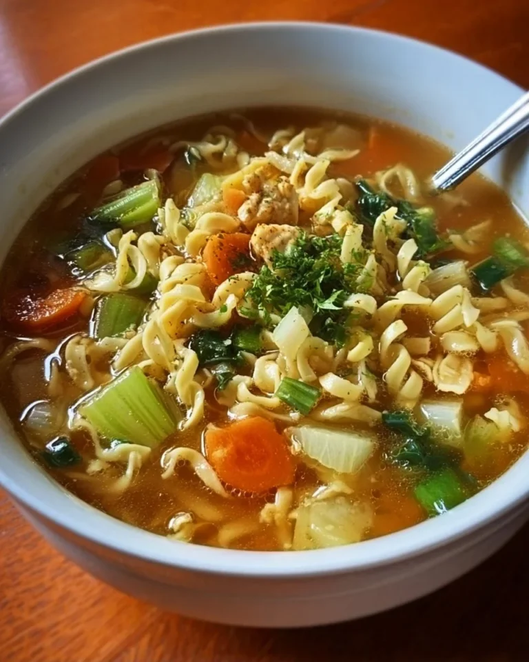 Bowl of vegetarian noodle soup with fresh vegetables and herbs
