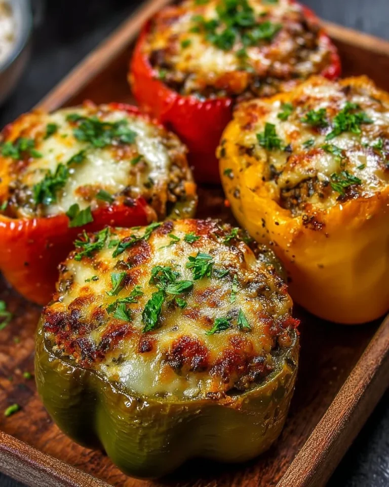 Vegetarian stuffed bell peppers filled with rice, vegetables, and herbs.