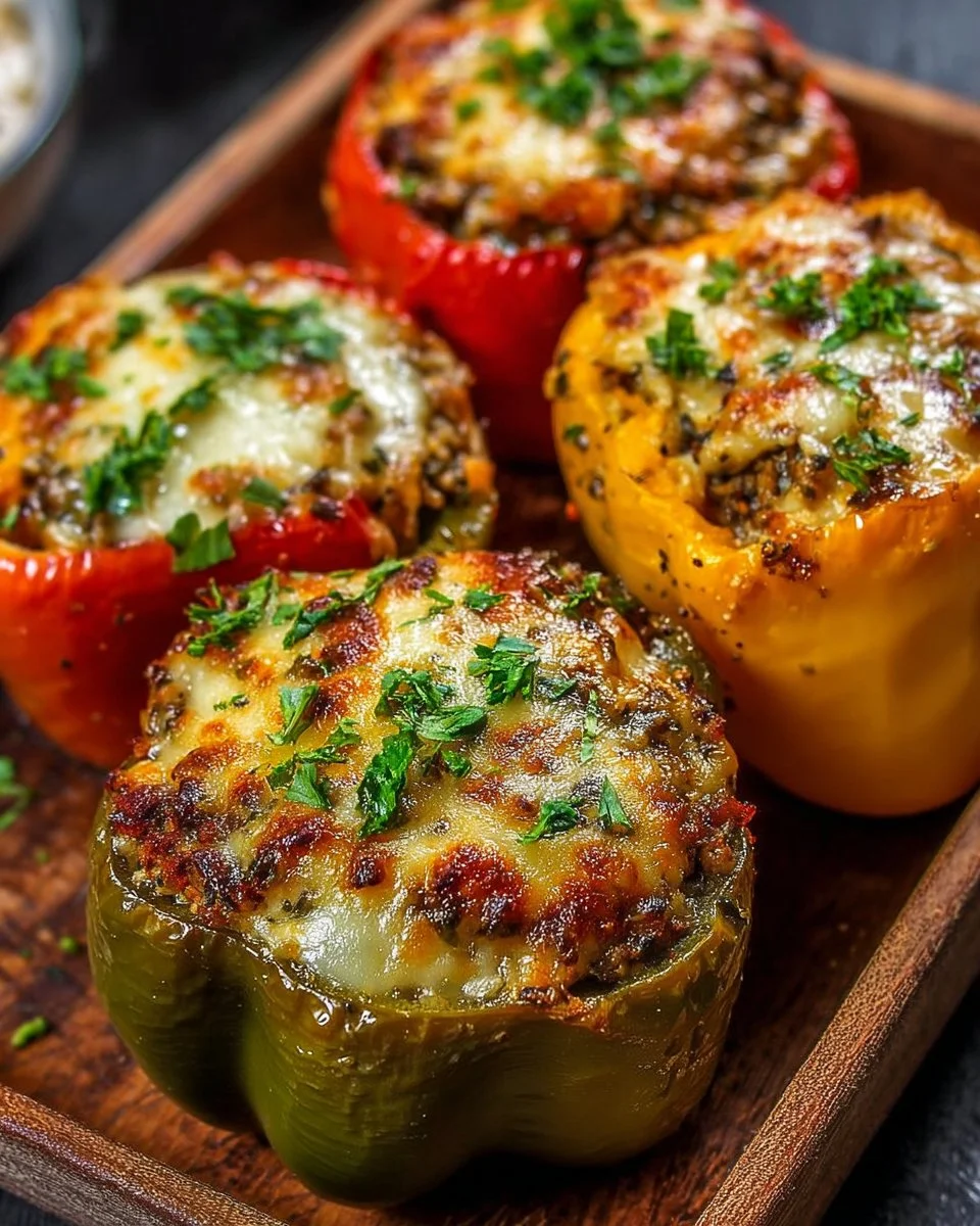 Vegetarian stuffed bell peppers filled with rice, vegetables, and herbs.