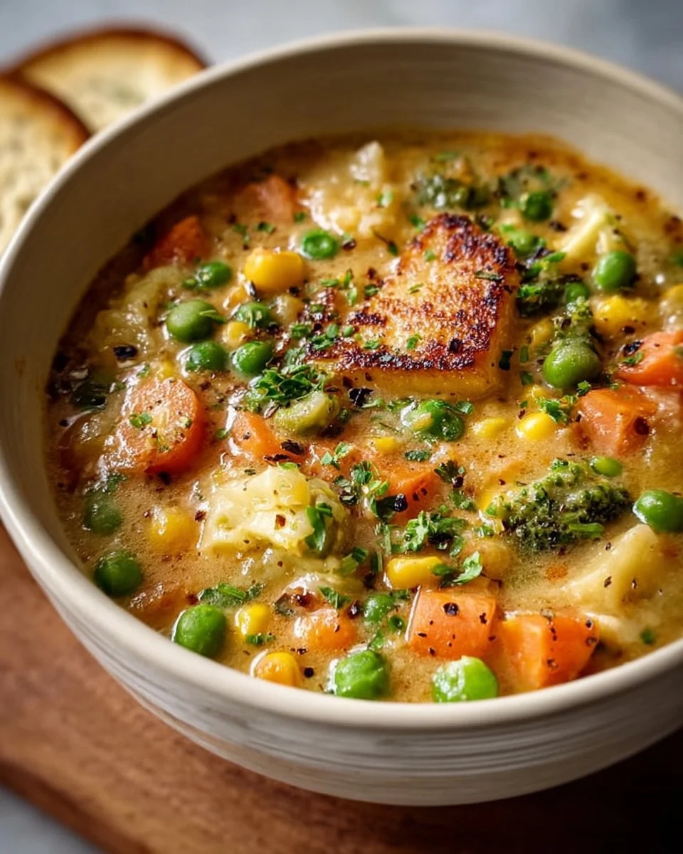 A bowl of Veggie Pot Pie soup topped with fresh herbs, showcasing vibrant vegetables.