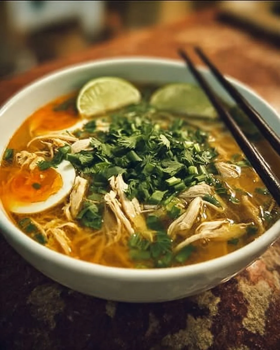 Bowl of Vietnamese chicken egg noodle soup garnished with herbs and chicken.