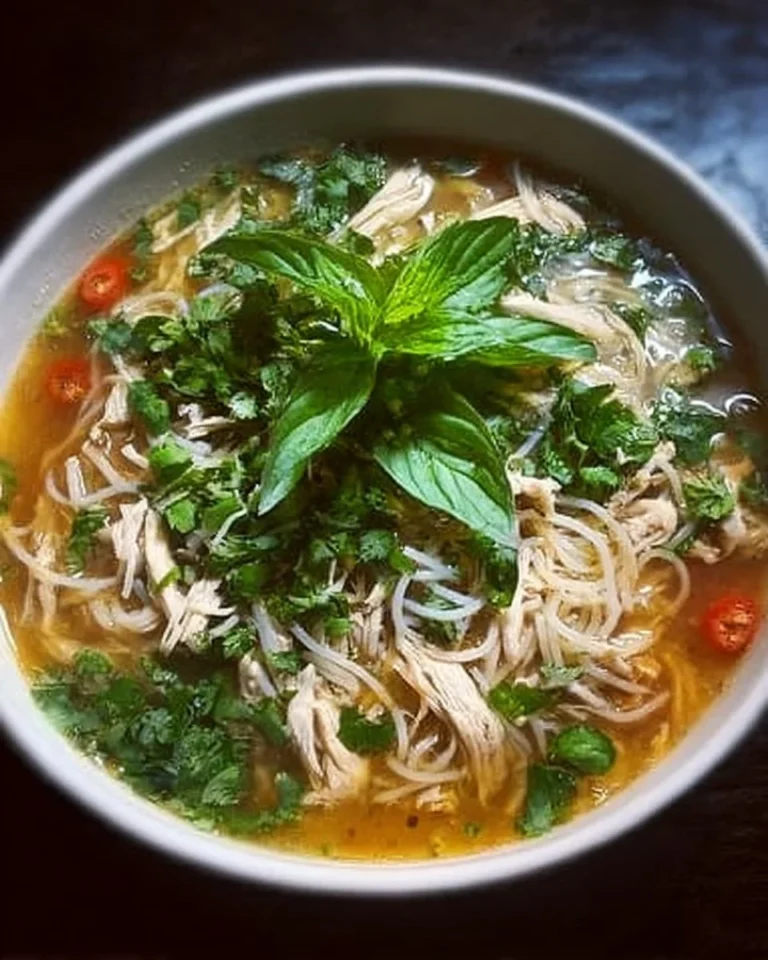 Bowl of Vietnamese chicken noodle soup with herbs and noodles