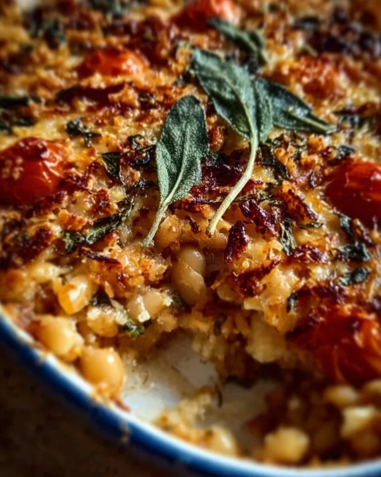 Delicious white bean casserole topped with herbs and spices