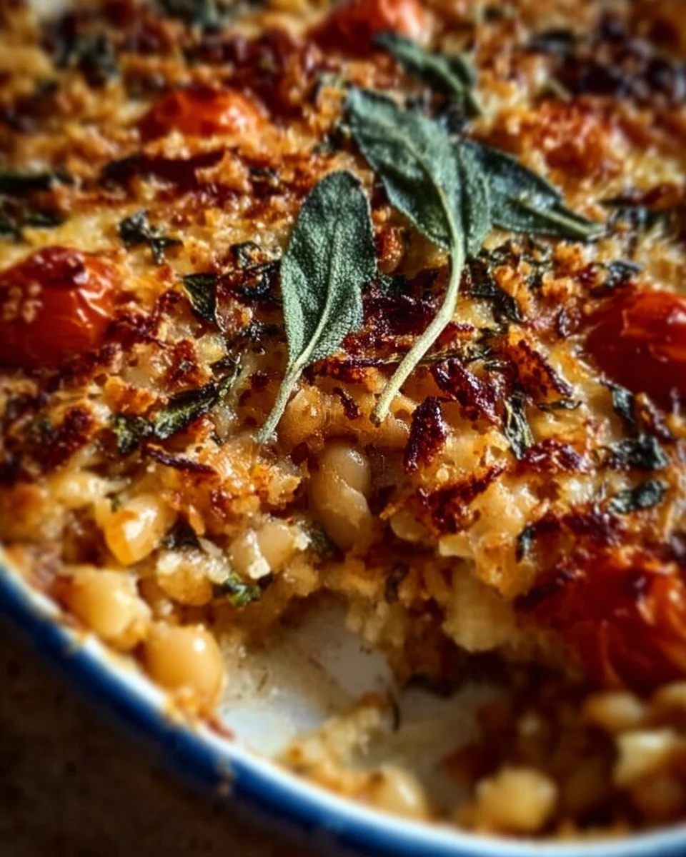 Delicious white bean casserole topped with herbs and spices