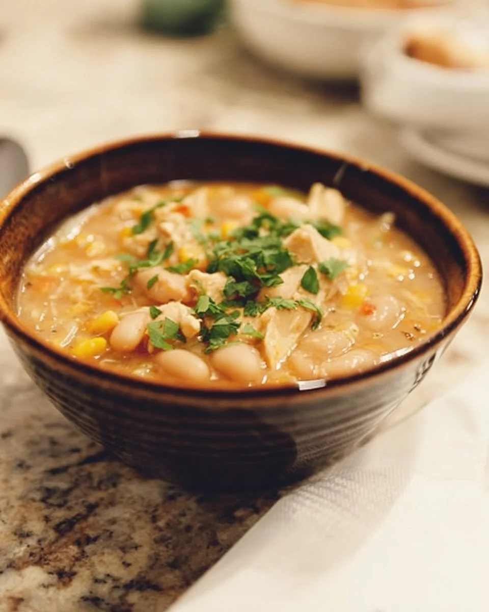 A bowl of hearty White Bean Chicken Chili topped with cilantro and served with bread.