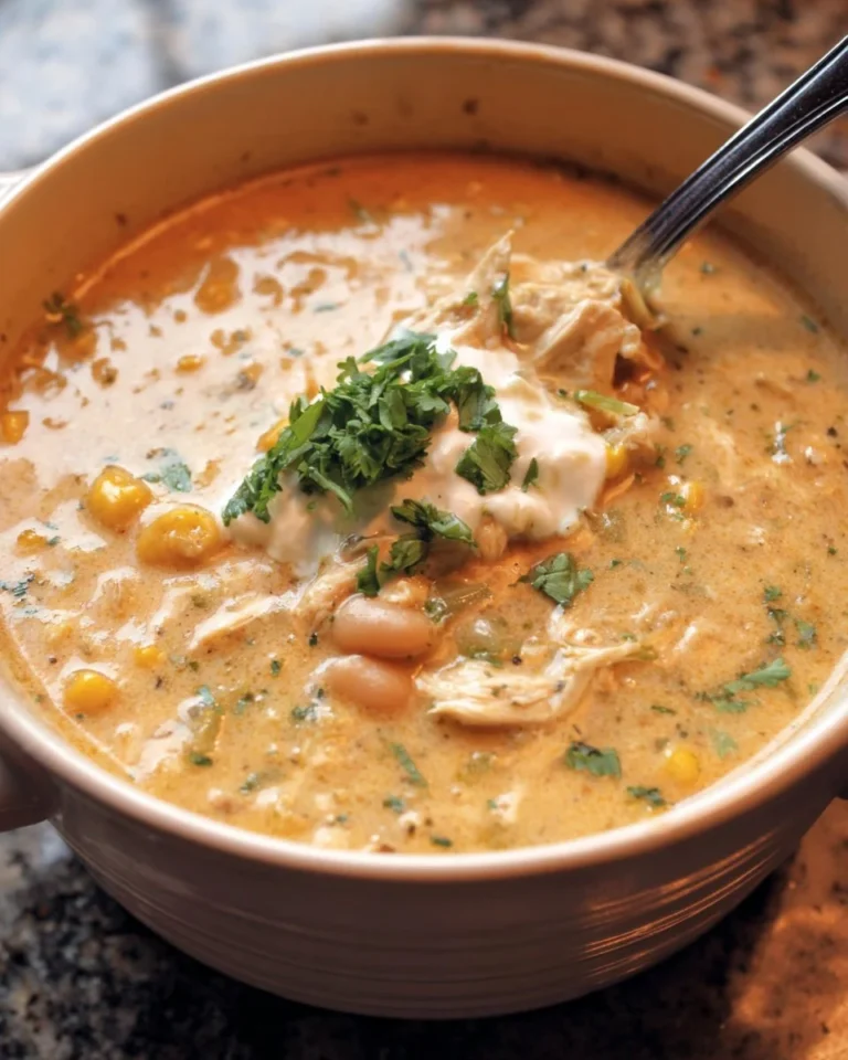 Bowl of flavorful white chicken chili topped with fresh herbs
