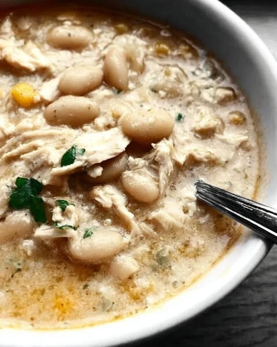Bowl of creamy white chicken chili topped with cilantro and lime.