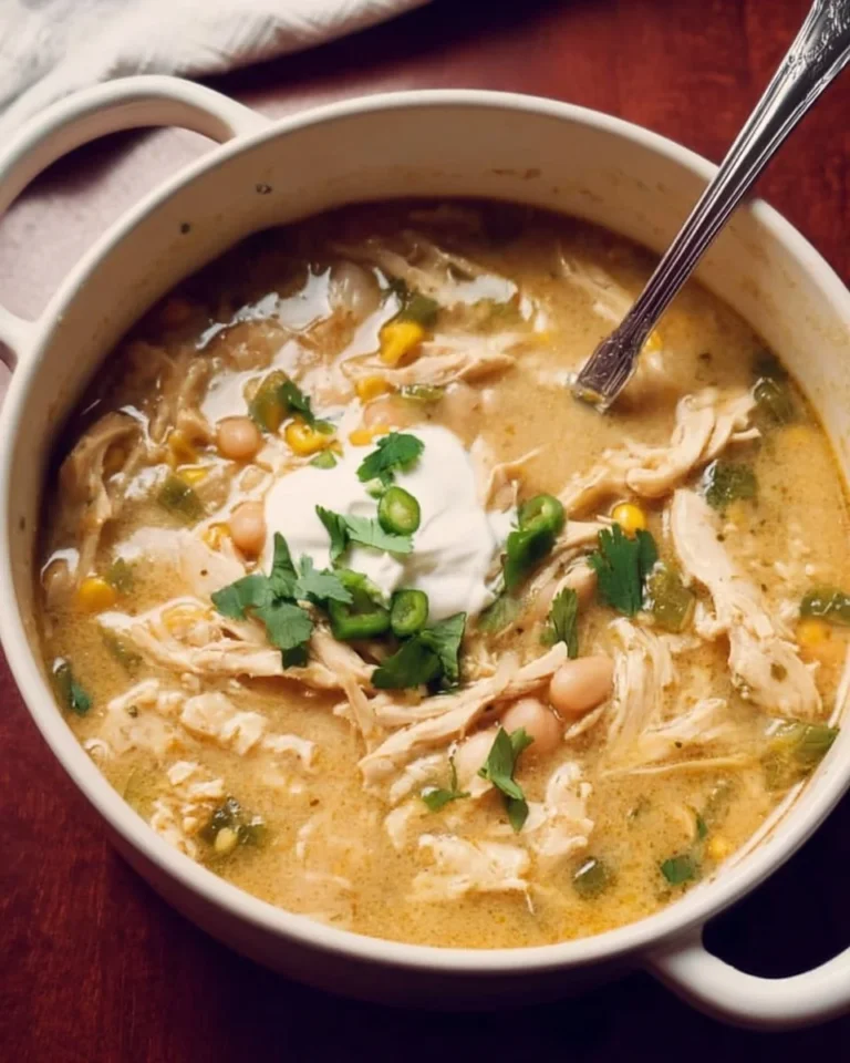 Delicious bowl of white chicken chili topped with cilantro and served with tortilla chips.