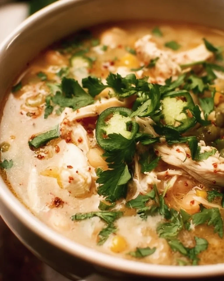 Bowl of delicious White Chicken Chili garnished with cilantro and lime.
