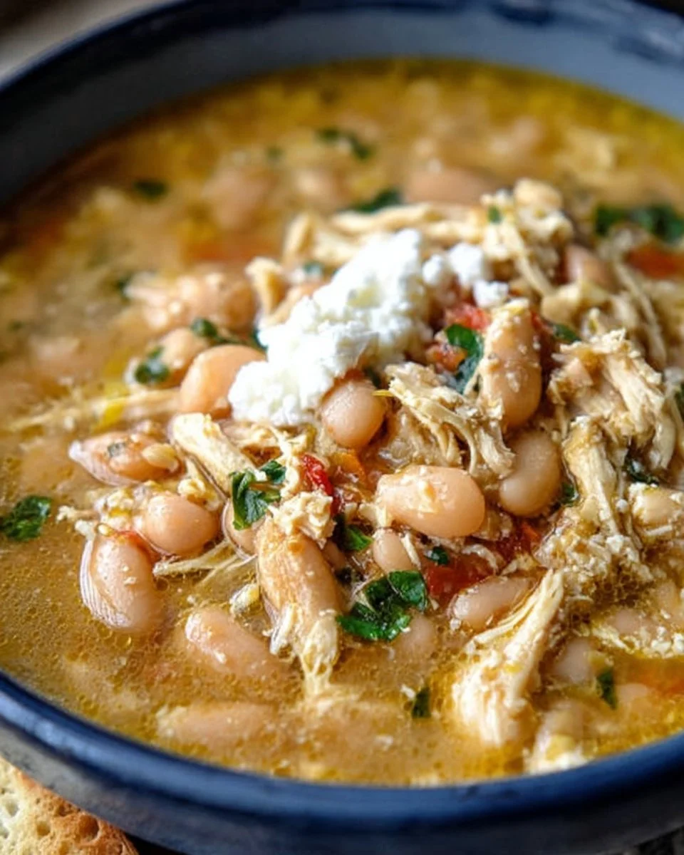 Bowl of white chicken chili garnished with cilantro and avocado