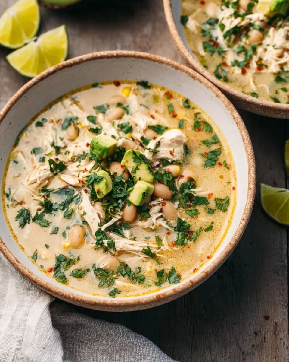 Bowl of Whole30 white chicken chili topped with cilantro and avocado.