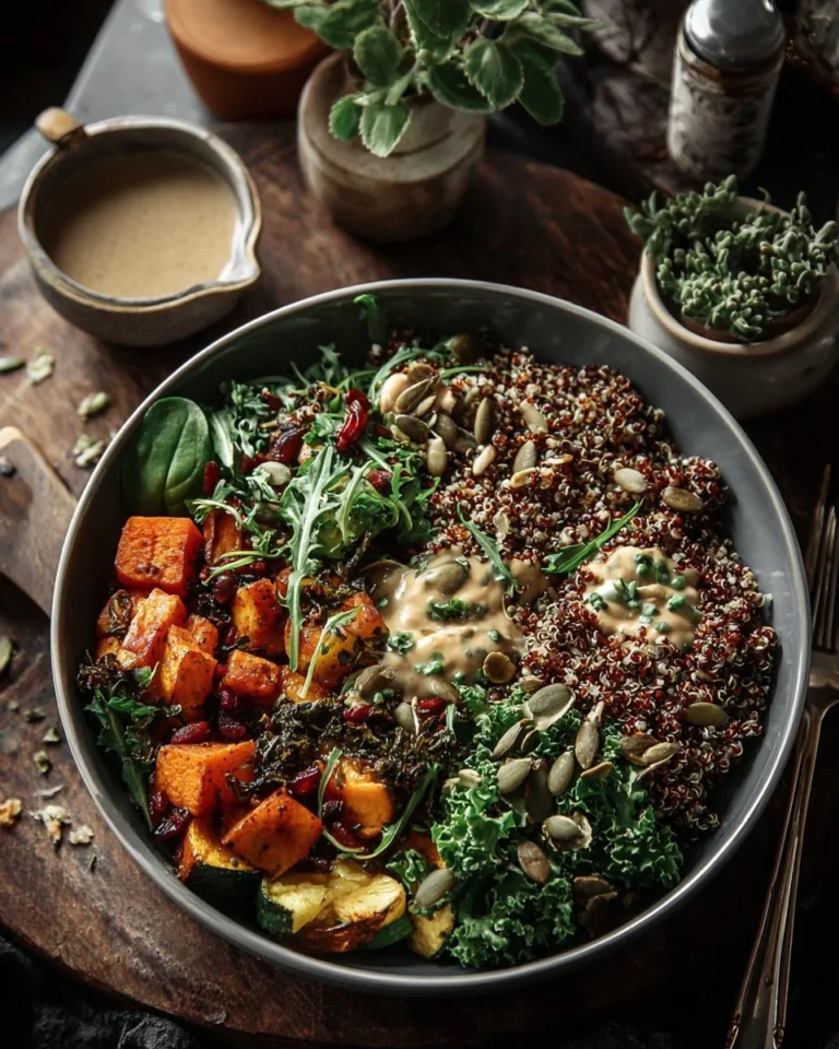 Autumn quinoa bowl with maple tahini dressing and seasonal vegetables
