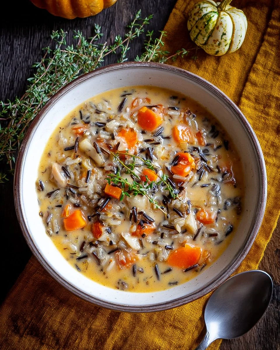 Bowl of hearty wild rice soup with vegetables and herbs