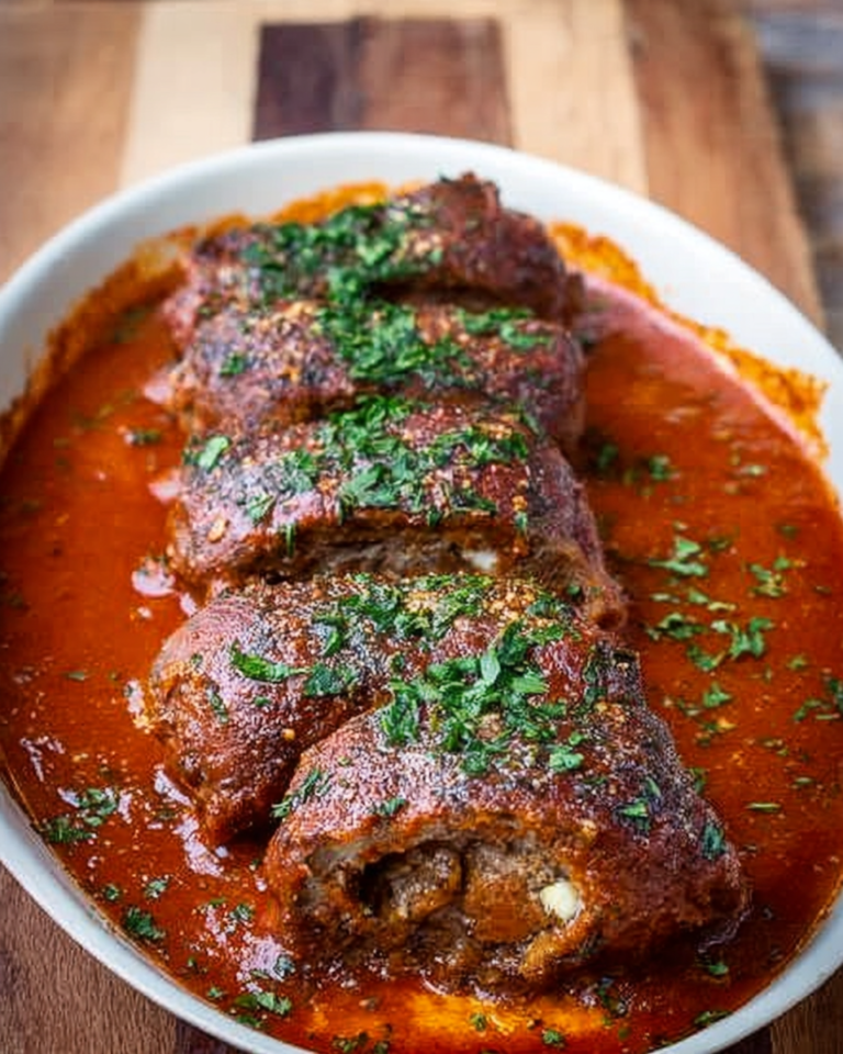 Delicious Beef Braciole rolled with herbs and spices, served on a plate