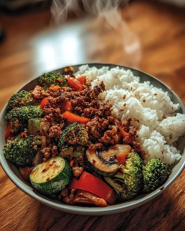 Spicy Ground Beef Stir-Fry Bowl with Garlic Veggies & Steamy Rice