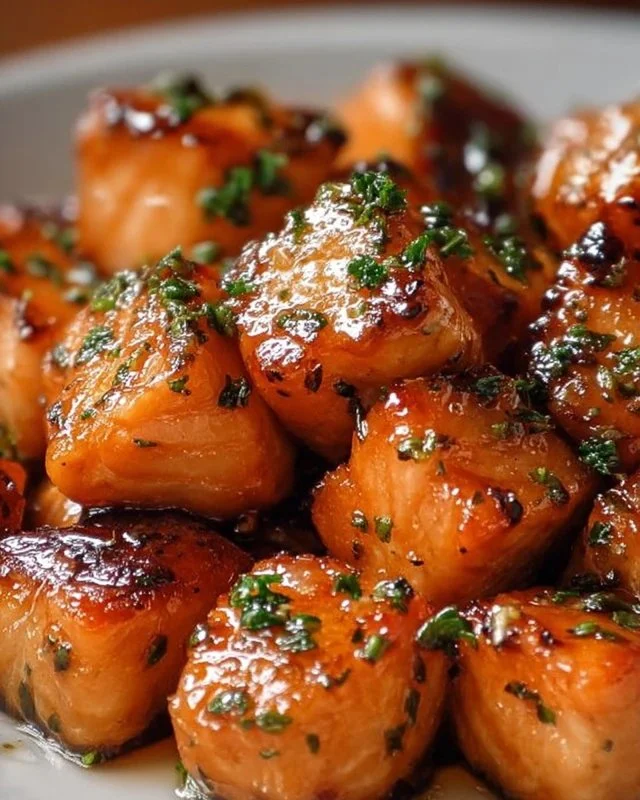 Air fryer honey garlic salmon bites on a plate ready to serve