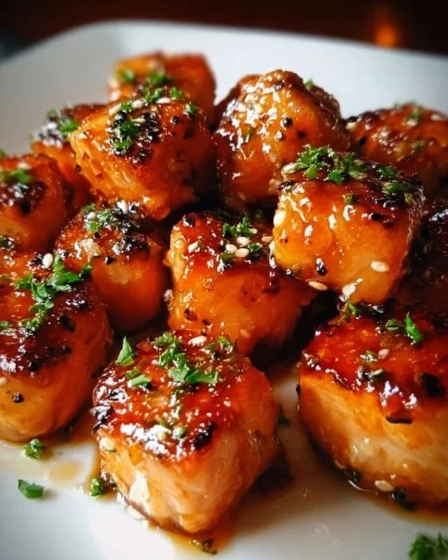Crispy air fryer honey garlic salmon bites served on a plate with herbs.