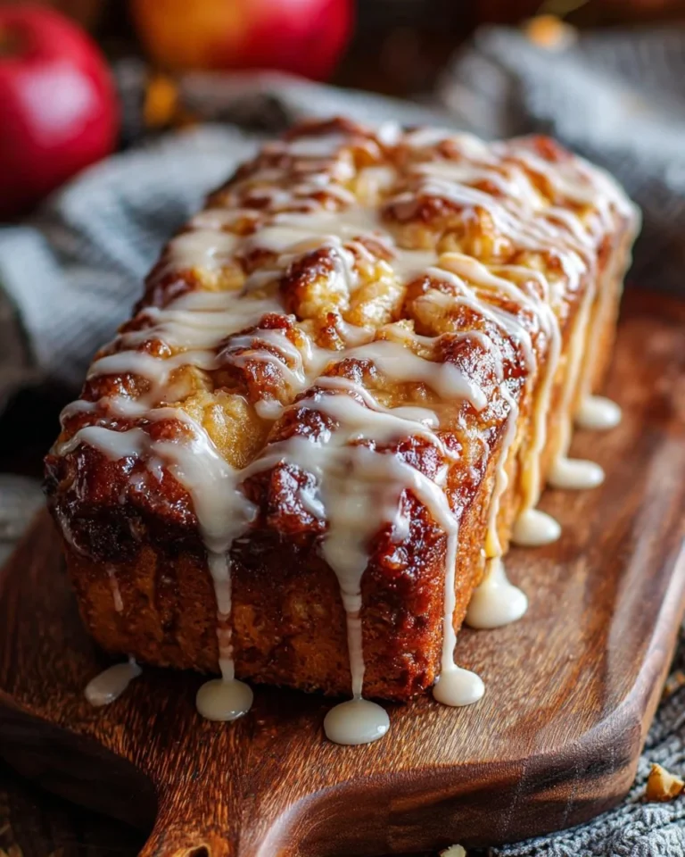 Freshly baked Amish Apple Fritter Bread with apples and a sweet glaze