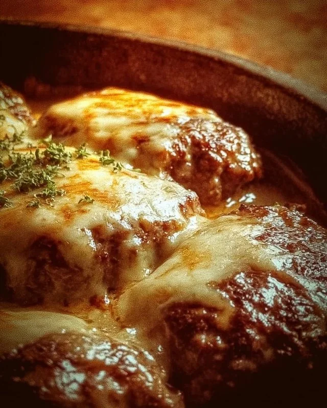 Delicious Amish Hamburger Steak Bake served in a rustic dish.
