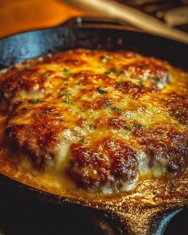 Amish Hamburger Steak Bake served on a plate with rich gravy and vegetables