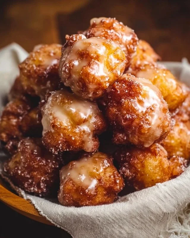 Freshly baked apple fritter bites on a white plate.