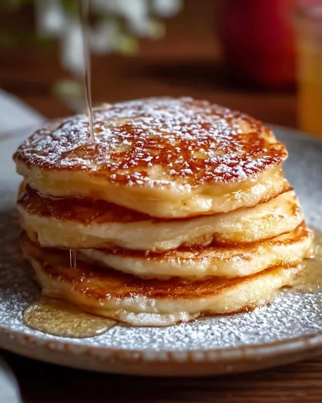 Fluffy apple yogurt pancakes stacked with fresh apple slices