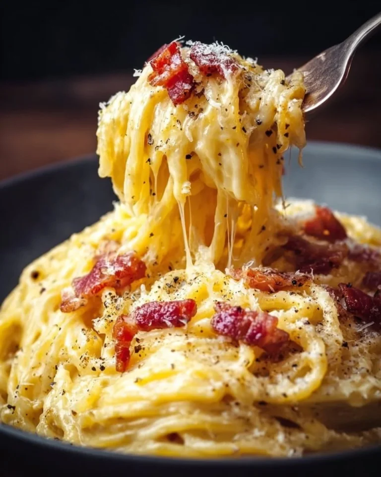 A plate of authentic Carbonara with creamy sauce, pasta, and pancetta.