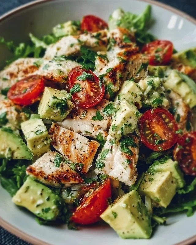 Bowl of creamy Avocado Chicken Salad with fresh ingredients