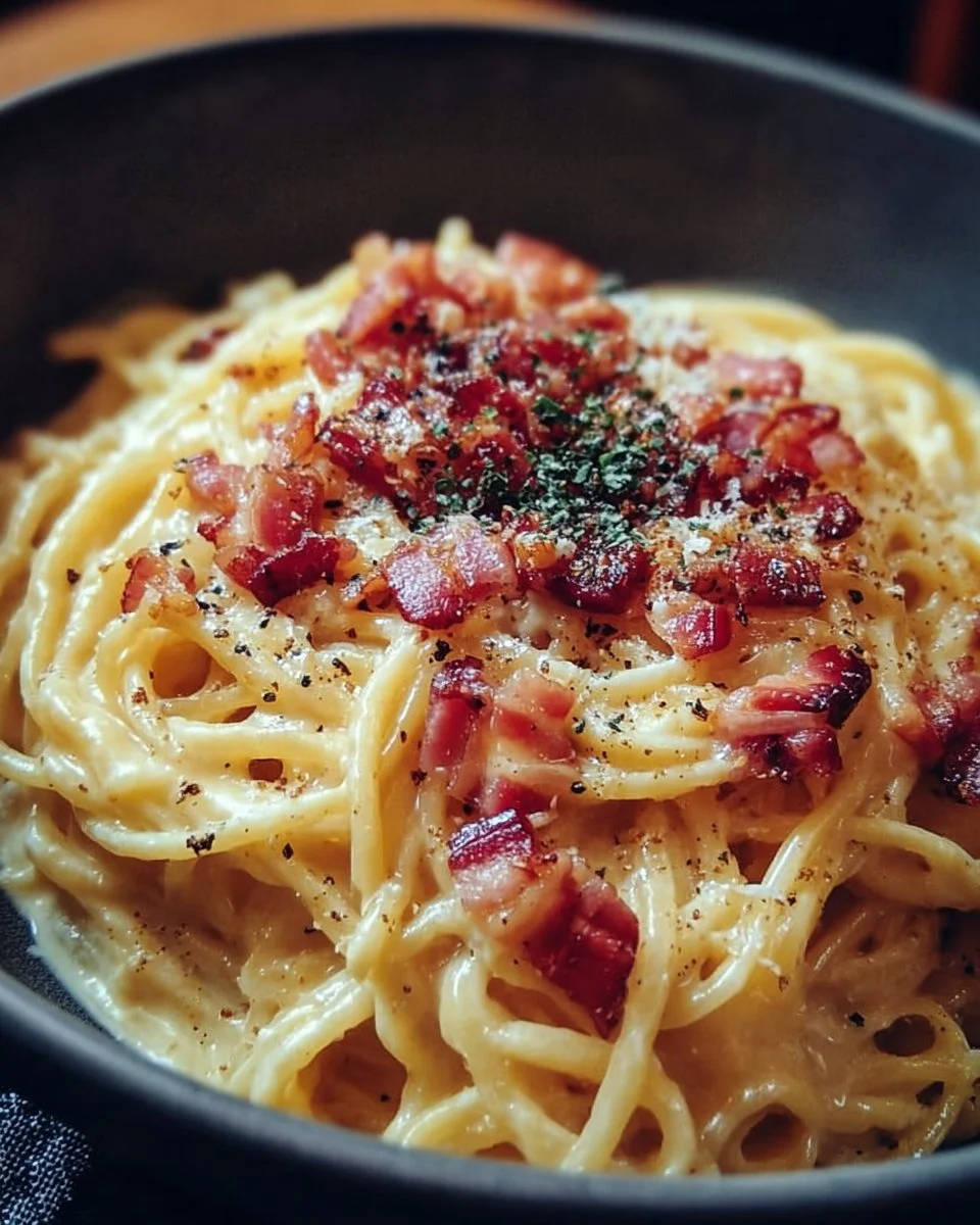 Delicious Bacon Carbonara Pasta served on a plate with parsley garnish