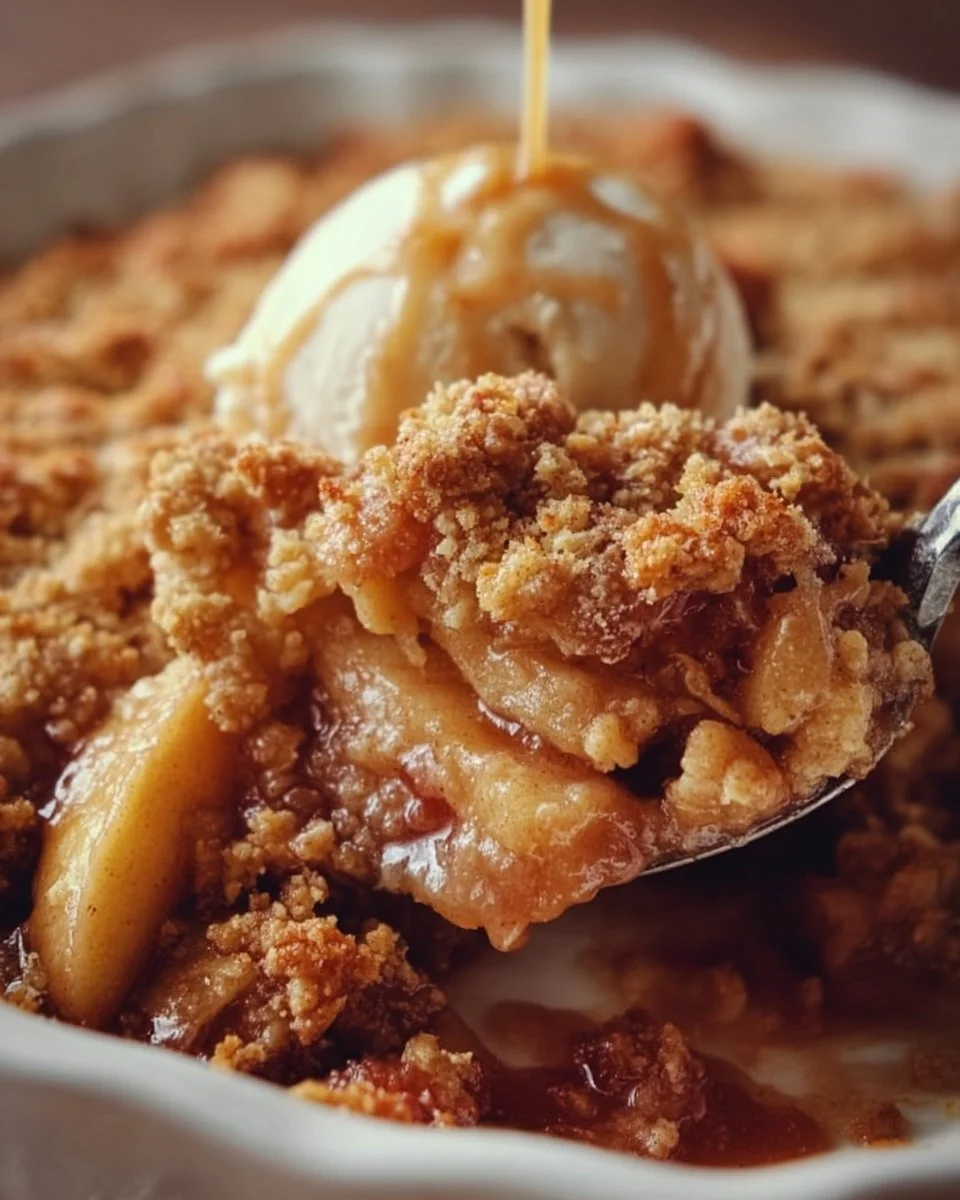 Delicious baked apple crumble dessert with a golden topping and spiced apple filling.