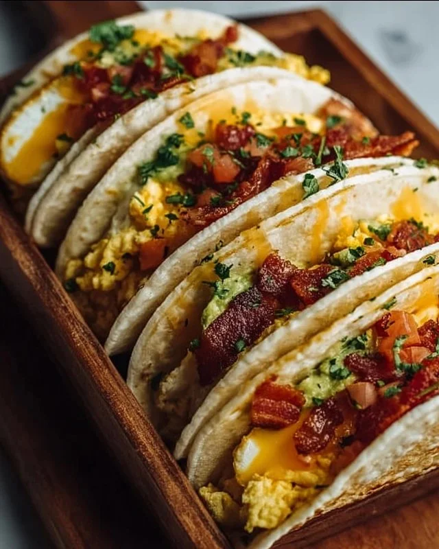 Baked breakfast tacos filled with eggs and toppings, served on a plate